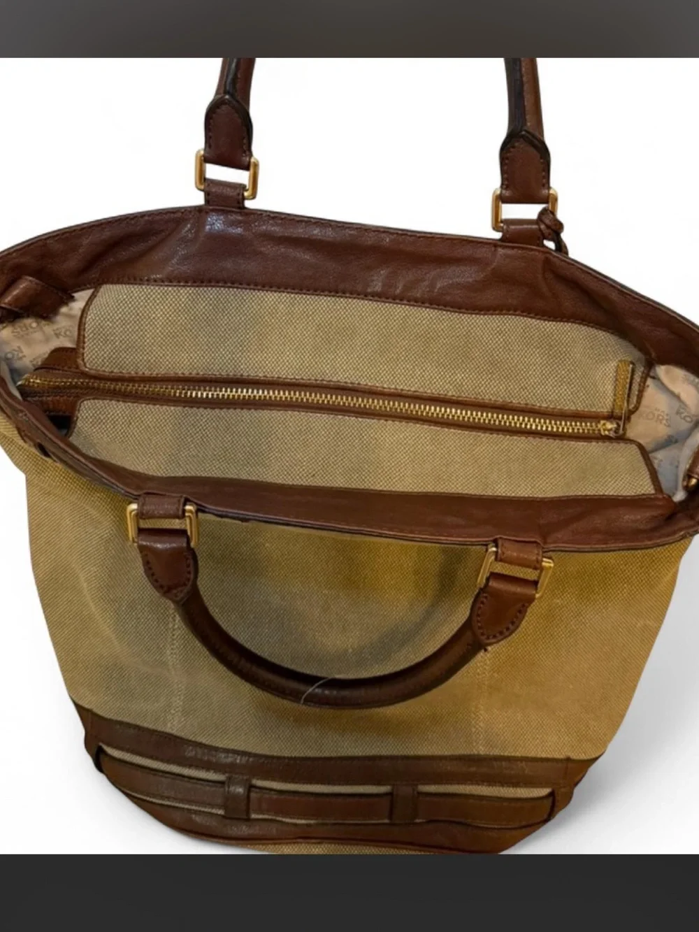 Vintage Michael Kors Kingsbury Canvas Tote with Brown Leather Trim